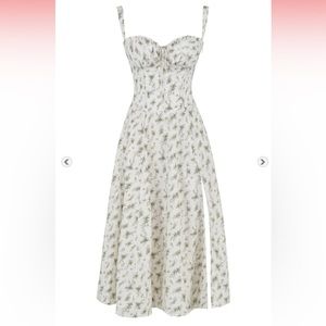 FRESH BUSTIER TIE FRONT SLIT FLORAL PRINTED MIDI SUNDRESS - WHITE/GREEN